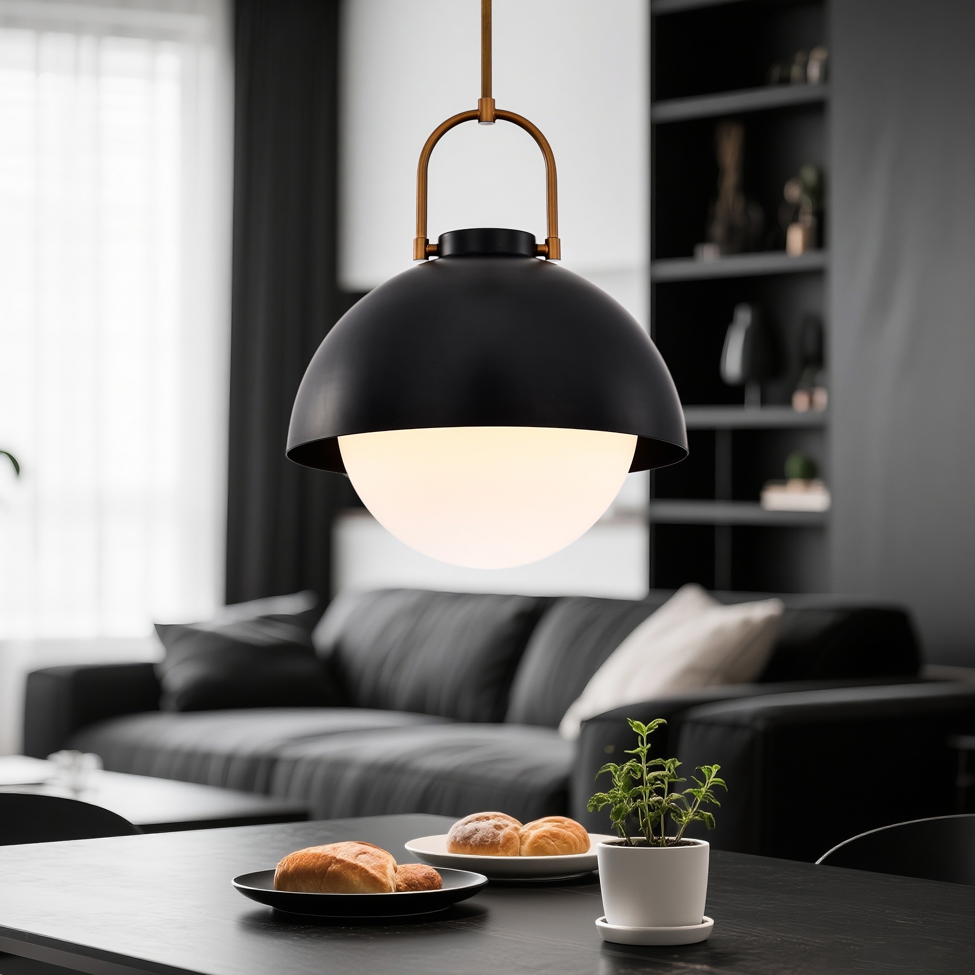 1-Light Matte Black & Antique Brass Finish Pendant Light Fixture with Opal White Glass Shade for Dining Room or Kitchen Island