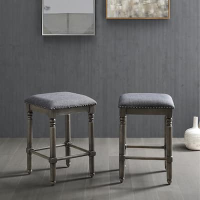 Wood Upholstered Swivel Counter Height Stool in Grey (Set of 2)