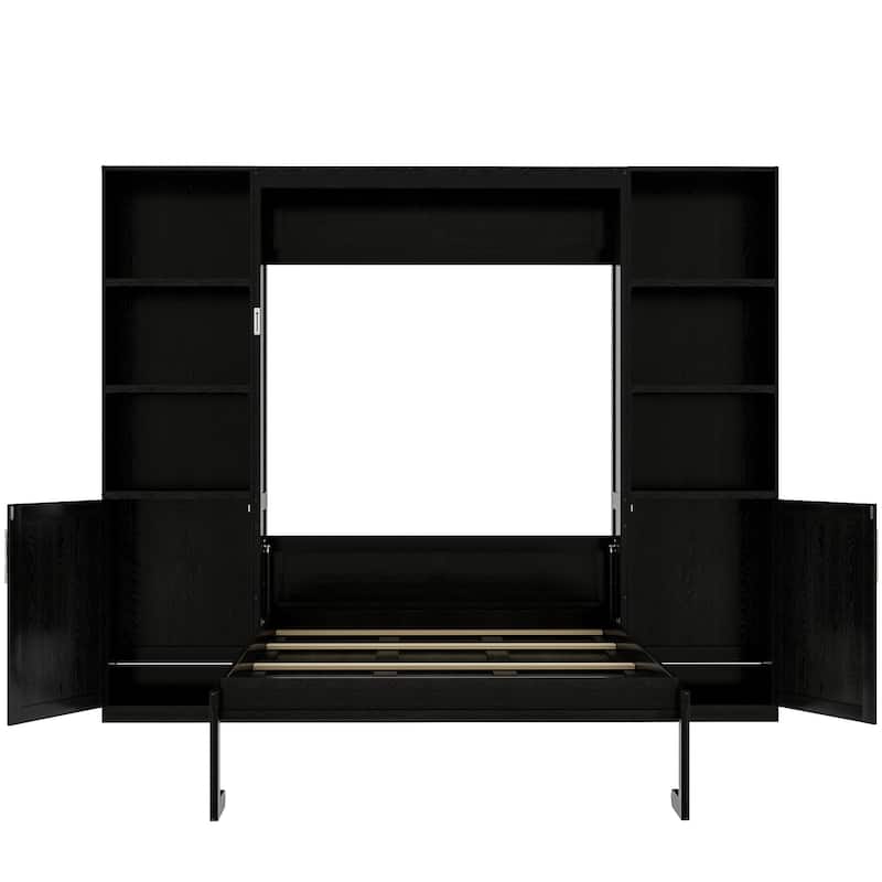 Queen Murphy Bed Wall Bed with Open Shelves and Enclosed Cabinets on Sides Multifunctional Space-Saving Solution for GUest Room
