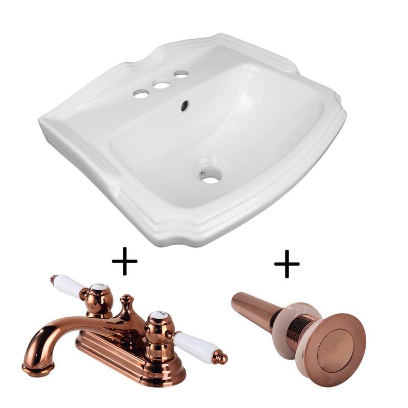 White Wall Mount Sink with 4" Centerset Faucet Rose Gold and Rose Gold Drain with Overflow Renovators Supply