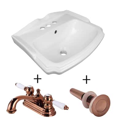 White Wall Mount Sink with 4" Centerset Faucet Rose Gold and Rose Gold Drain with Overflow Renovators Supply