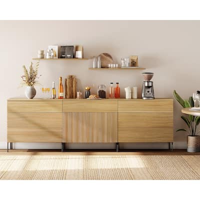 94.5" Modern Reeded Minimalist Sideboard With Drawers And Doors, 3-In-1 Wooden Credenza