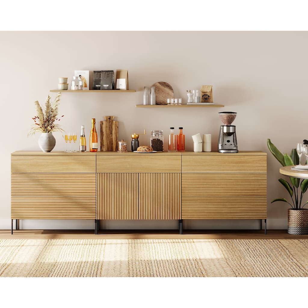 94.5" Modern Reeded Minimalist Sideboard With Drawers And Doors, 3-In-1 Wooden Credenza