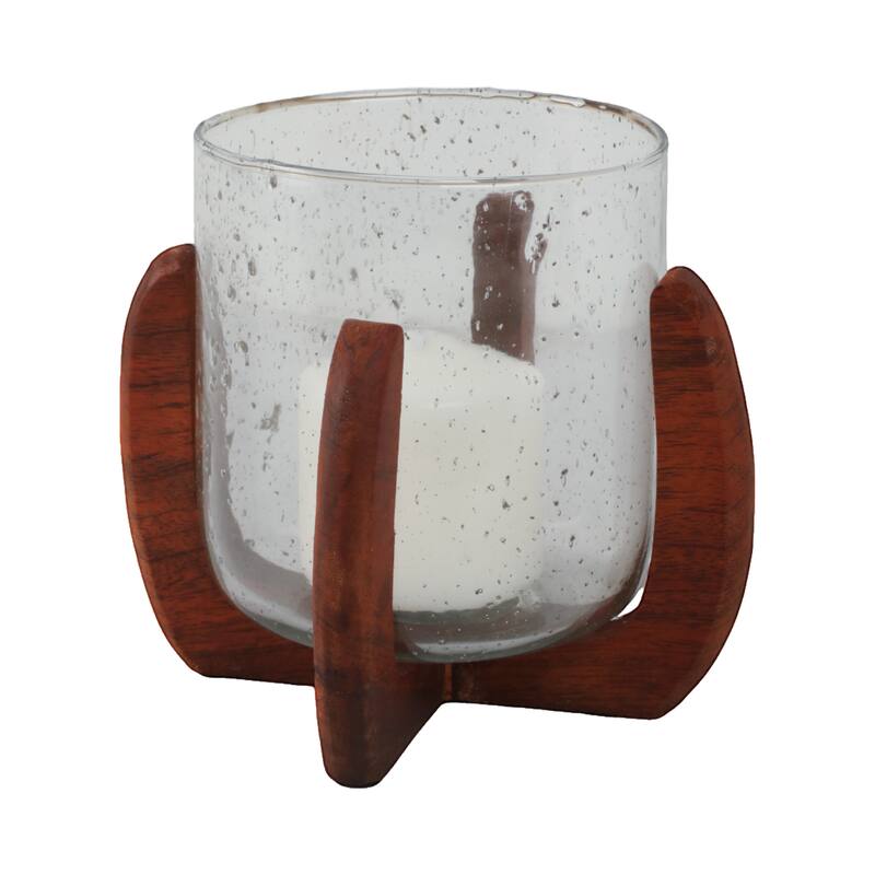 Textured Glass Pillar and Taper Candle Holder with Mango Wood Base