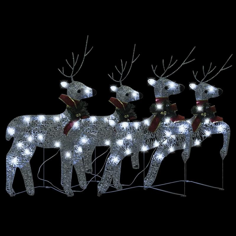 Outdoor 4 Reindeer Christmas Decor, 80 Cool White LEDs, Silver Metal - Silver, Cool White