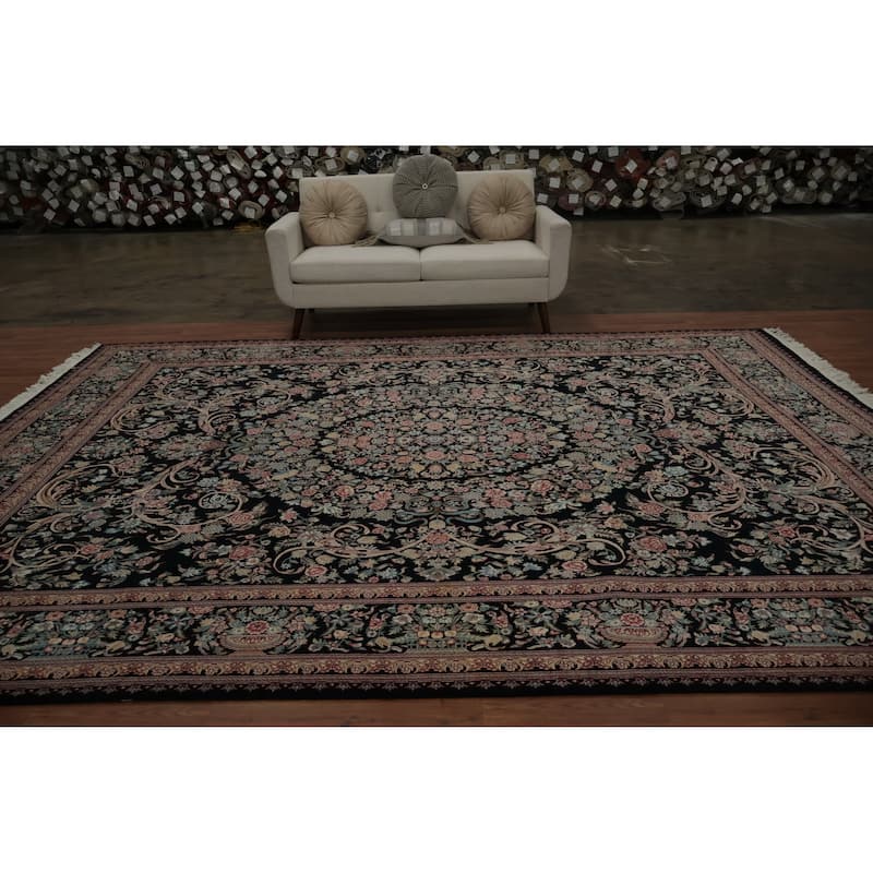 Hand Knotted Oriental 100% Wool Carpet Traditional Floral Black Aubusson Area Rug - 12' 4'' X 9' 0''