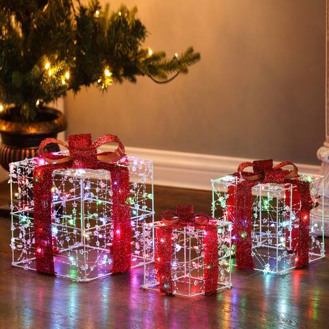 Lighted LED Indoor/Outdoor Christmas Holiday Presents Decoration - (Set of 3) - Red, Clear