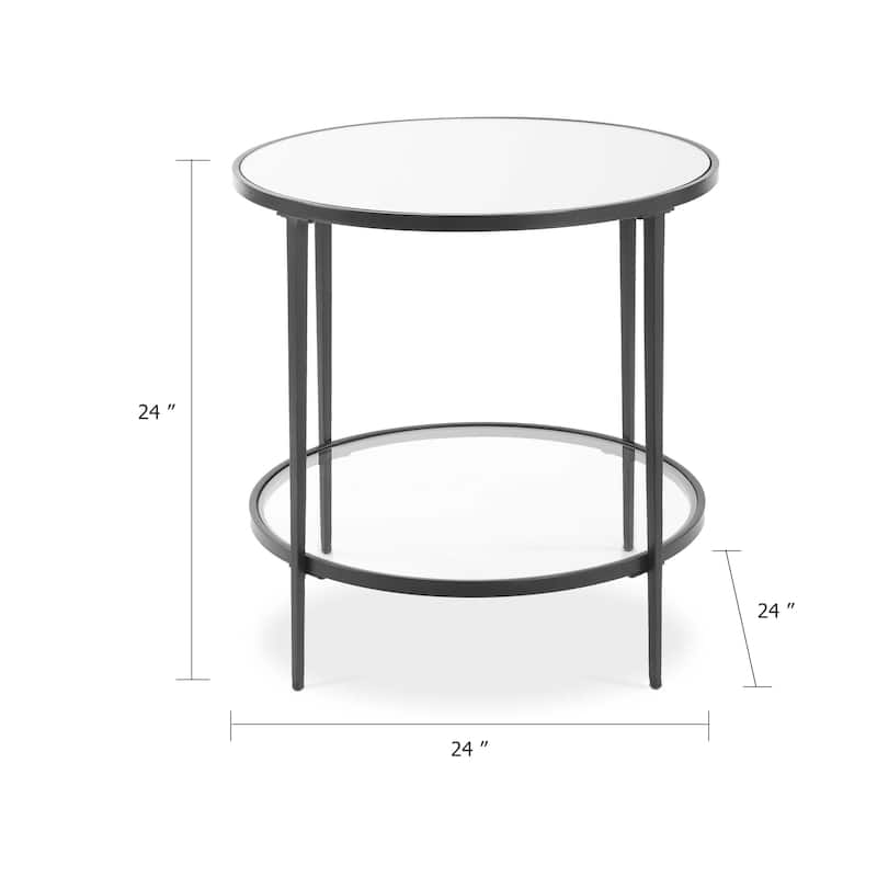 Lify Side End Table, 24 Inch Round Mirrored Top, Open Shelf, Black