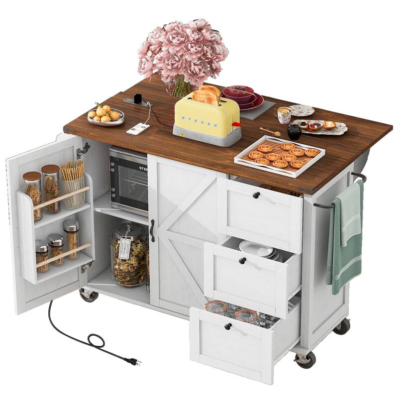 Rolling Kitchen Island with Folding Drop Leaf, Wooden Storage Cabinet with Power Outlet, Internal Storage Rack and Spice Rack