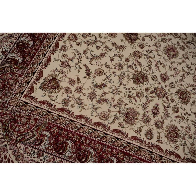 Machine Made Oriental 90% Silk - 10% Polyester Carpet Traditional All-Over Beige & Ivories Qum Area Rug - 9' 10'' X 6' 6''