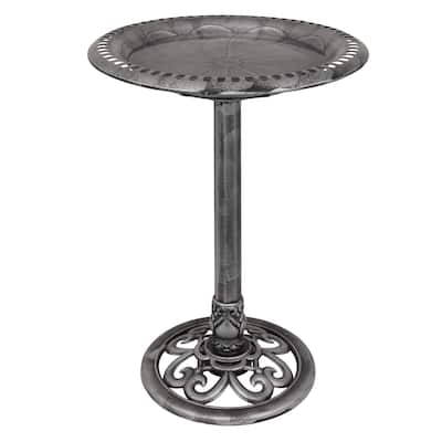 Gray Pedestal Birdbath w/ Scrollwork Base and Ground Stakes