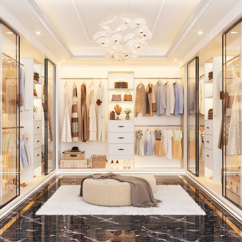 20.2'' - 96'' W Closet Organizer with Drawers, Closet System with Hanging Rods and Adjustable Shelves