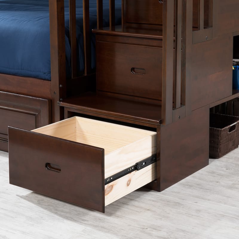 AFI Columbia Full over Full Size Staircase Bunk Bed with Bed Drawers & Charging Station in Walnut