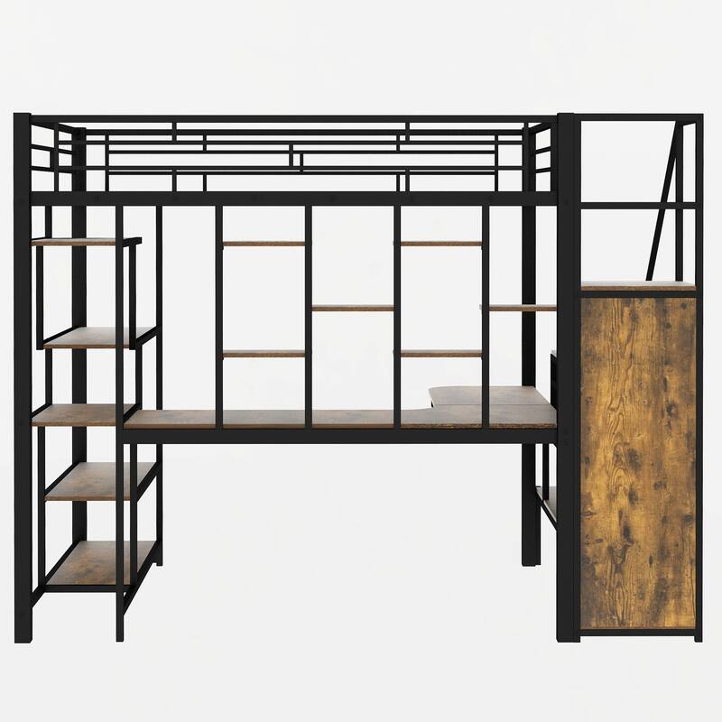 Full Size Metal Loft Bed with Storage Staircase, Small Wardrobe, and Desk