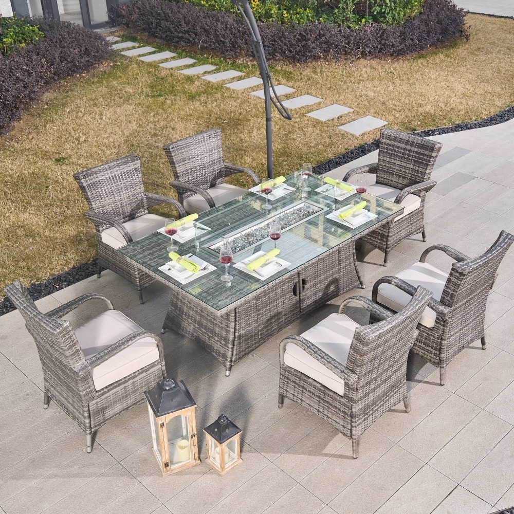Patio 7-piece Aluminum Dining Set with Tempered Glass Rectangle Fire Pit Table