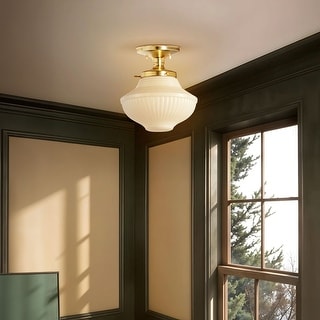 Modern Semi-Flush Mount - Metal, Glass Gold, Ivory White 1-Light Ceiling Light for Kitchen or Hallway in Modern, Farmhouse Style