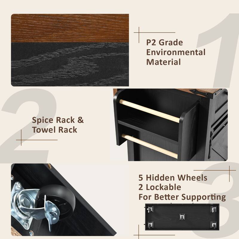 MDF Kitchen Cart with Power Outlet and Spice Rack and Drawer