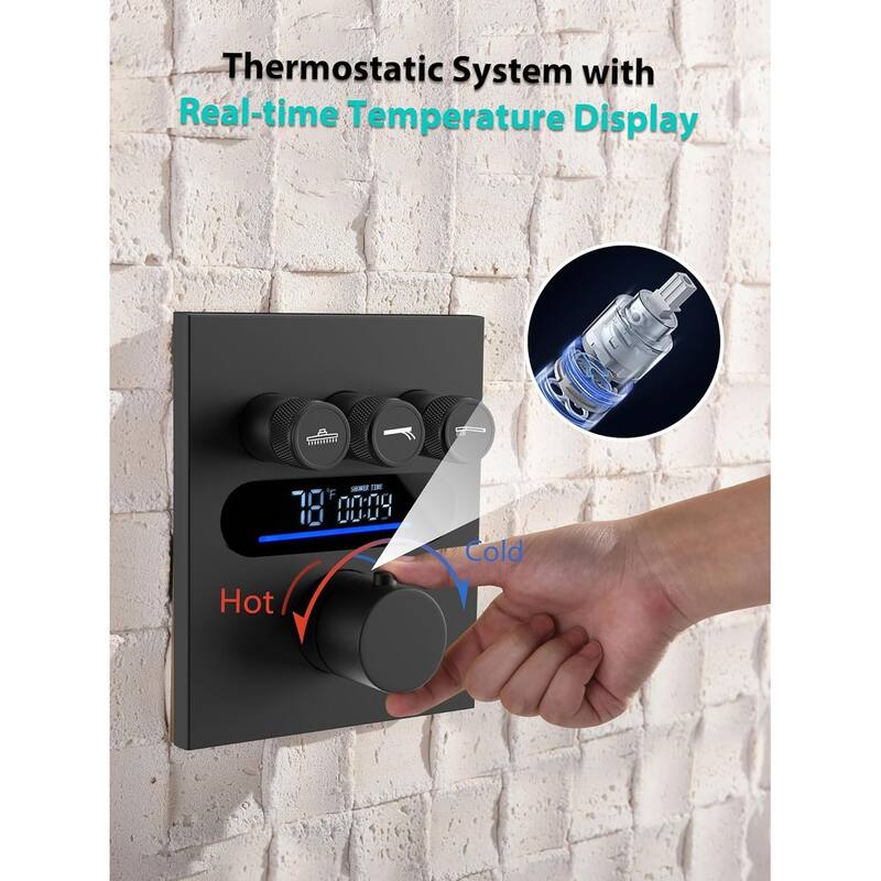 Lefton Shower System in Fahrenheit Display, 13” Overhead Shower Head with All-in-one Handheld Spray Showerhead, SSWM2501