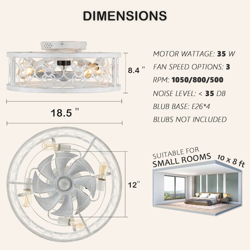 20" Vintage Cream White Caged Light Ceiling Fan, Flush Mount Drum Shaped Classic Ceiling Fan for Bedroom