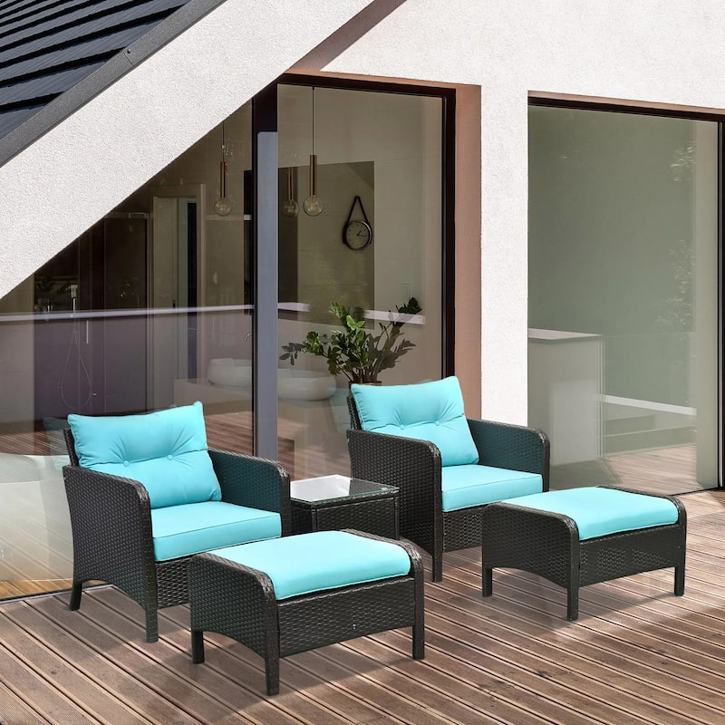 5PC Deep Seat Rattan Patio Set, 2 Chair Ottomans Table, Cream