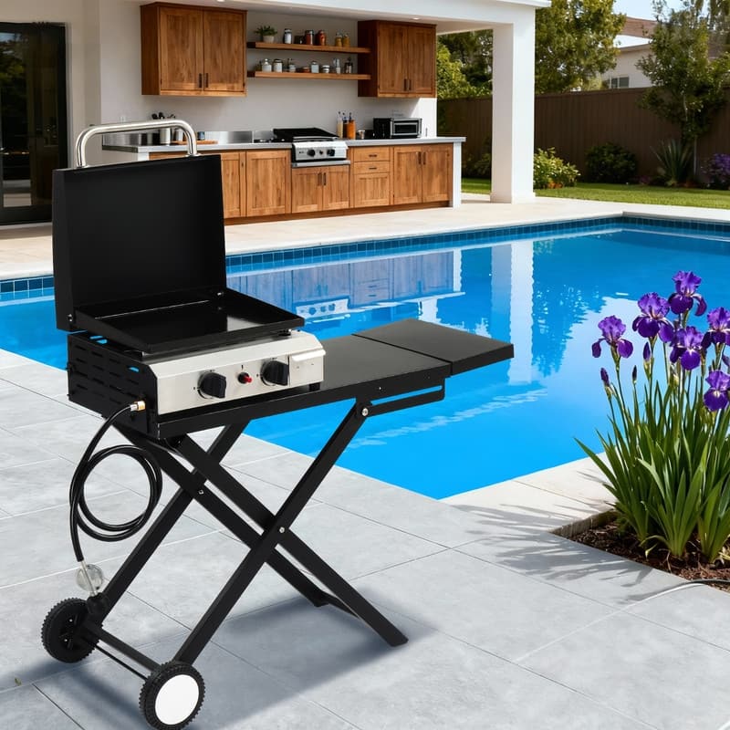 2 Burner Foldable Propane Griddle Rolling Flat Top Gas Grill with Wheels and Lid for Outdoor Cooking - N/A