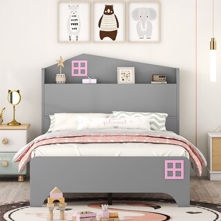 Grey Wooden Twin Size House Bed with Storage Headboard and Shelf