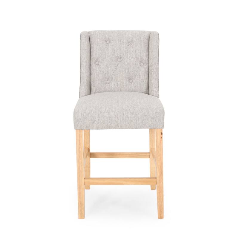 Seliva Counter Stool Chair Set of 2, Light Gray Fabric, Tufted, Brown Wood