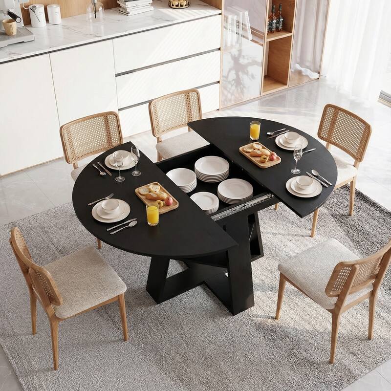 43"-59" Extendable Oval Dining Table with Storage Base, Modern Round to Oval Kitchen Table