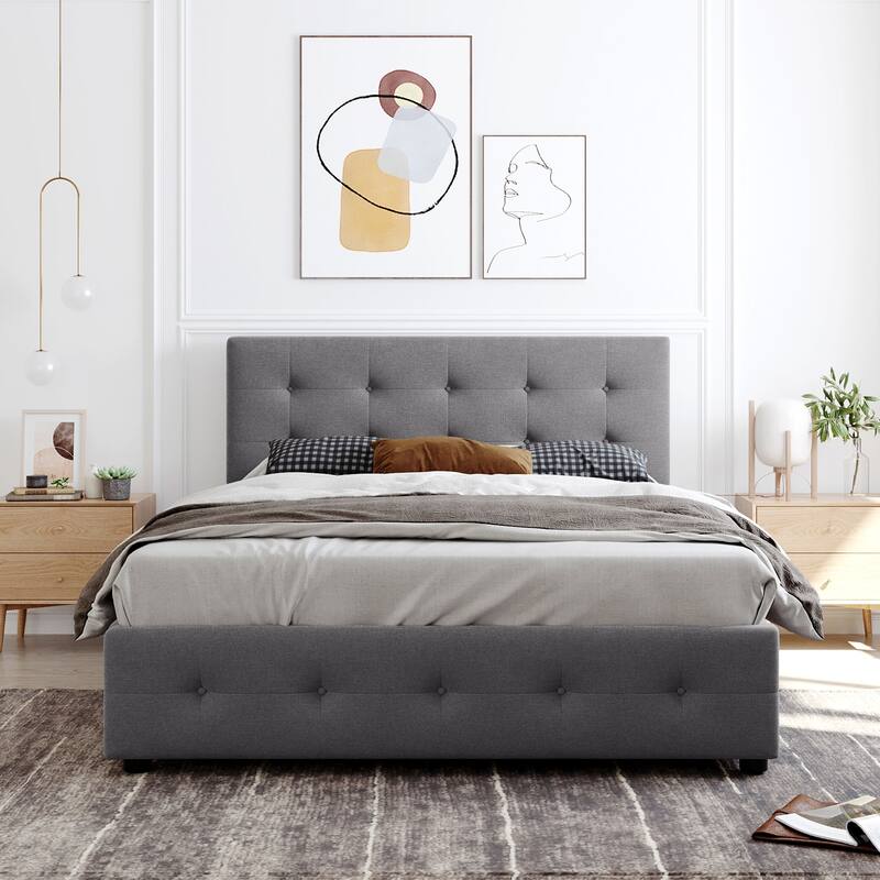 Queen Linen Upholstered Platform Bed with Tufted Headboard & 4 Drawers - Light Grey - Queen