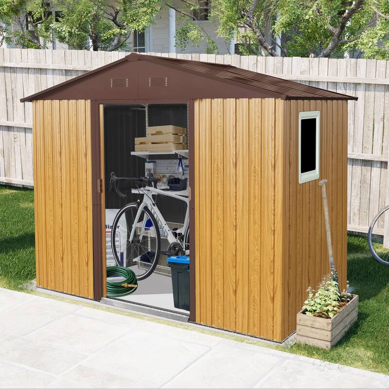 8 ft x 4 ft Outdoor Metal Storage Shed with Window and Metal Foundation for Backyard, Patio, Lawn - Coffee