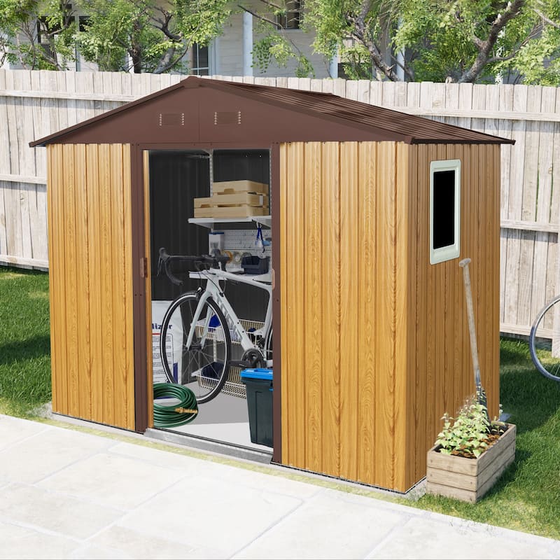GDF Studio - Harlow Outdoor Metal Storage Shed with Window and Metal Foundation - Coffee and Wood