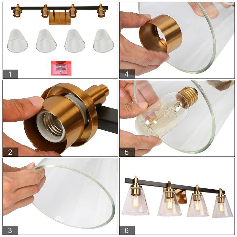 Marsie 4-Light Modern Black Gold Linear Glass Bathroom Vanity Lights - L 30" * W 8"* H 8"