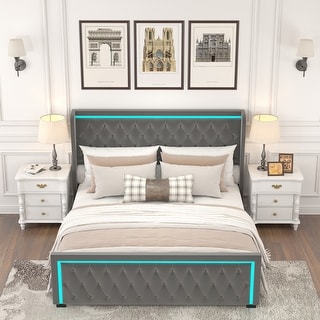Visual Reference: Velvet Platform Wingback Bed Frame W Colorful Led Headboard Grey