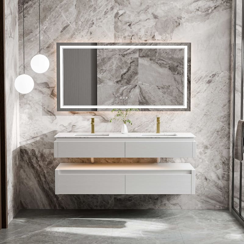 Modland 60" Modern Wall-Mounted Double Sink Bathroom Vanity with Engineered Stone Countertop, Soft-Close Drawers - White