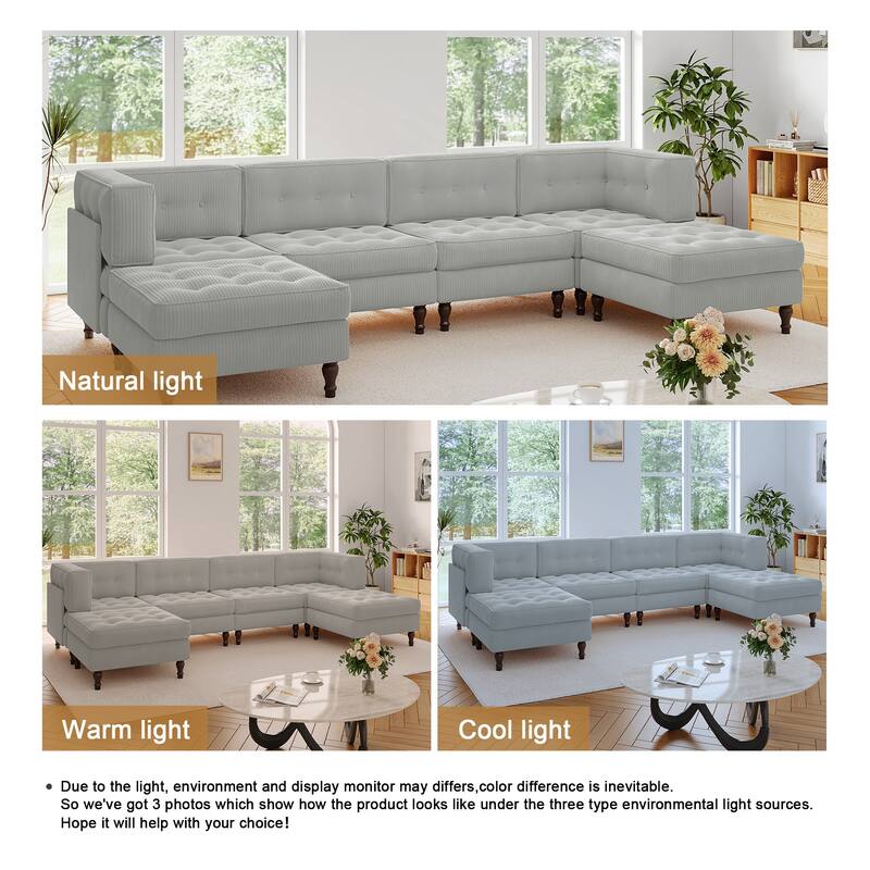 130"W Corduroy Upholstered Modular Sectional Sofa with Storage Ottoman