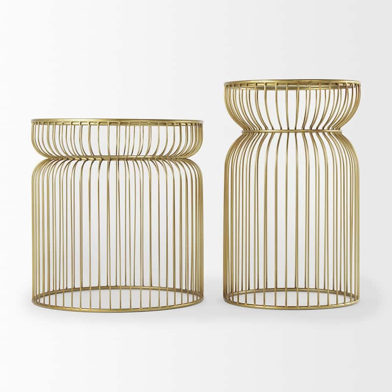 HomeRoots Set of Two Clear and Gold Tempered Glass and Metal Wire Round Drum End Tables - 18.90 in. x 20.08 in. x 18.90 in.