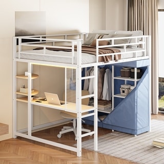 Full Size Metal Loft Bed with Workstation Desk, Built-In Shelves, LED Light Strip, Power Outlet & Hanging Wardrobe Storage