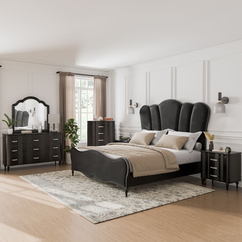 Furniture of America Seabliss Glam Solid Wood 6-Piece Bedroom Set - Black - King