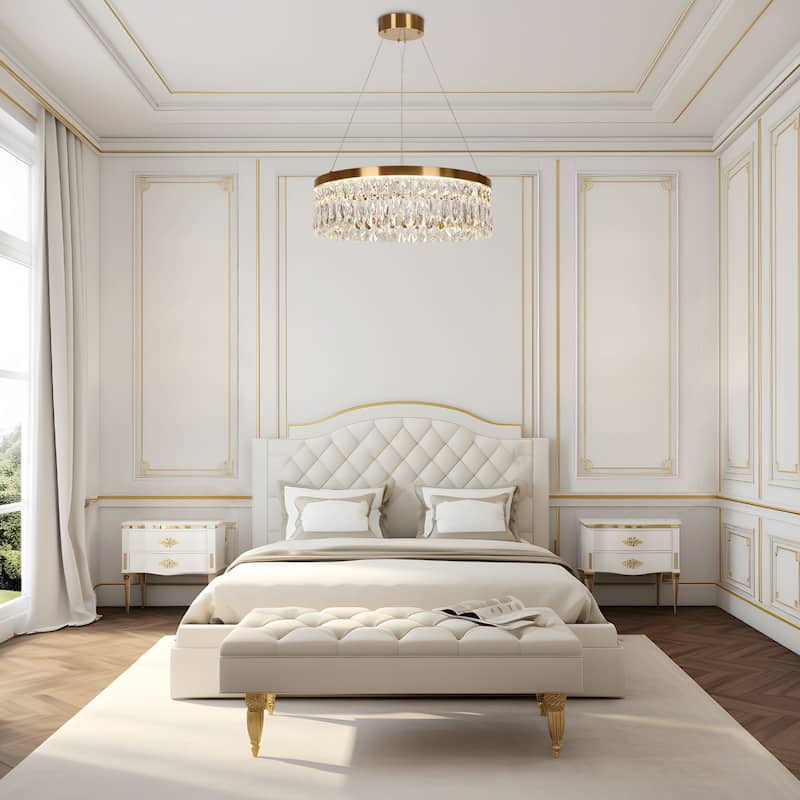 Modern Brass LED Crystal Drum Chandelier for Dining Living Room - Gold - 23.6" Dia. x 7.5" H