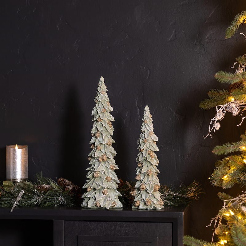 Glittered Holly Pinecone Tree (Set of 2) - N/A