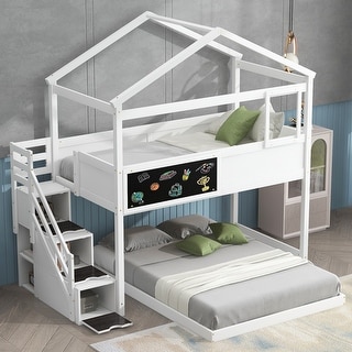 Twin over Full House Bunk Bed with Storage Staircase and Blackboard, White