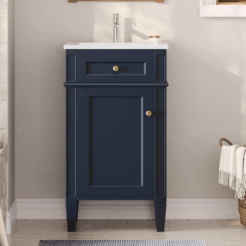 18" Freestanding Single Bathroom Vanity with Ceramic Sink, French Style Cabinet with Soft Close Door