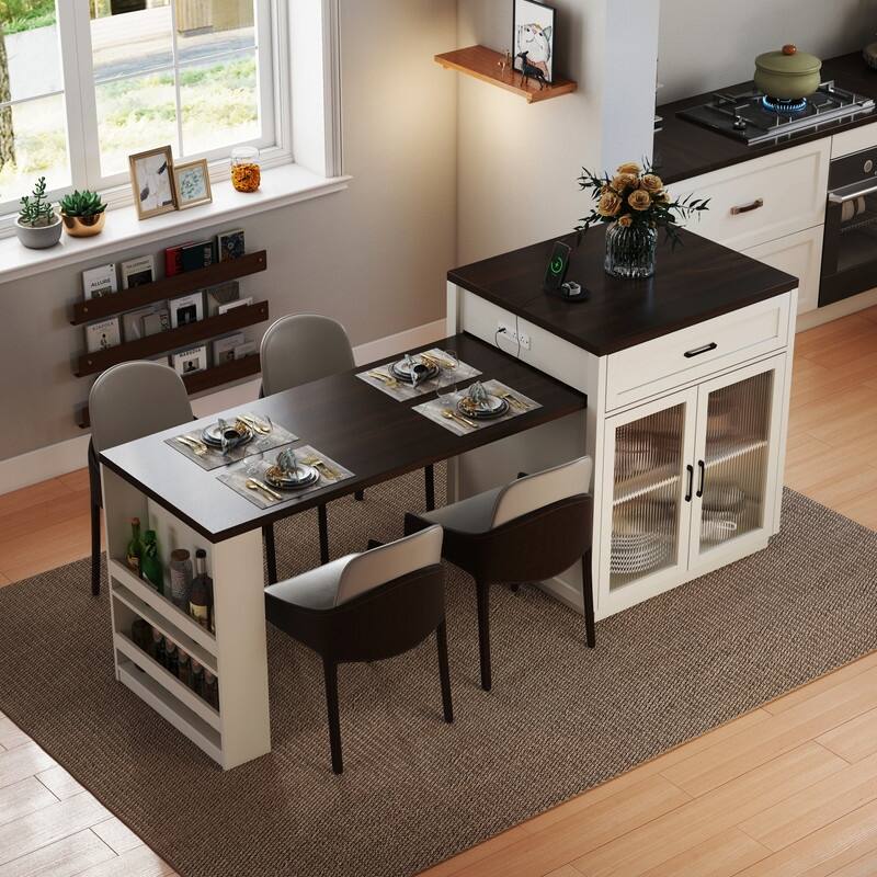 Extendable Kitchen Island with Slide Out Table and Double-Sided Storage for Home and Dining Use