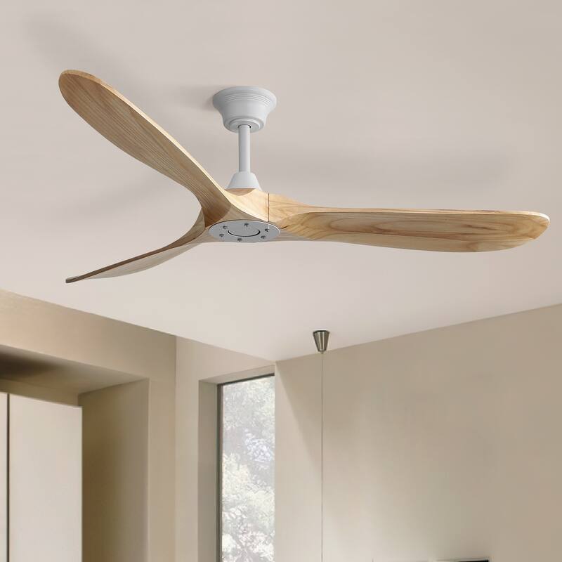 Sofucor 60 Inch Ceiling Fan No Light With Remote Control 3 Fan Blades Reversible DC Motor Timer Farmhouse - Remote Control - White with Natural wood Blades