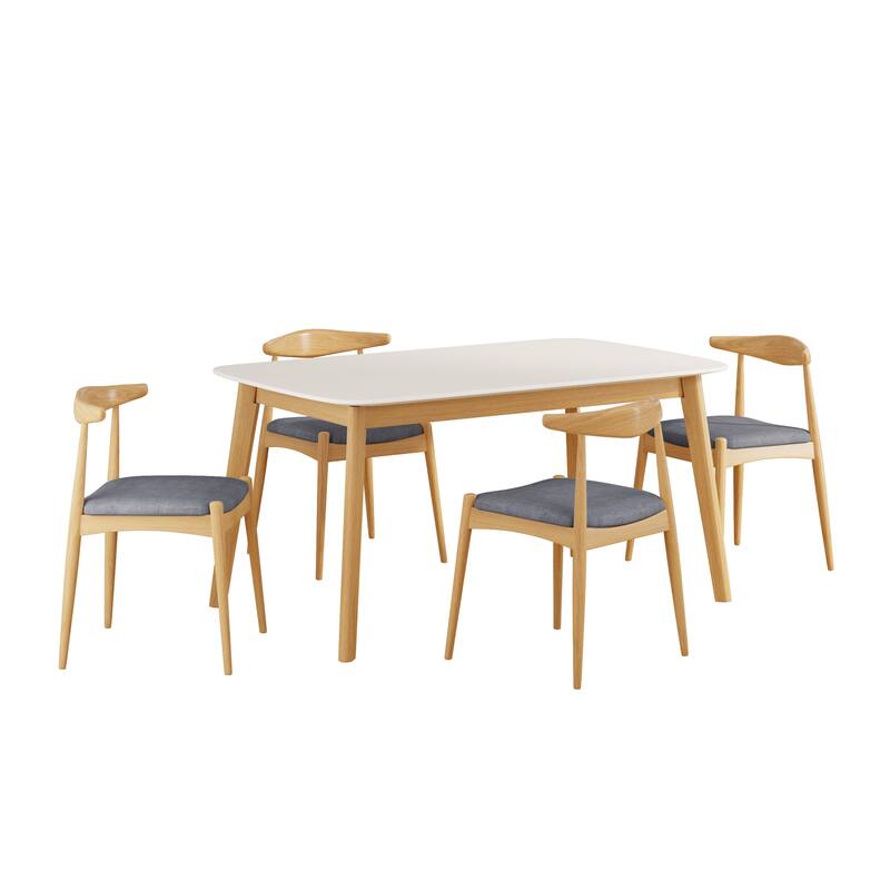 5-Piece Mid-Century Modern Dining Set - Solid Wood Frame Table + 4 Beige Upholstered Chairs