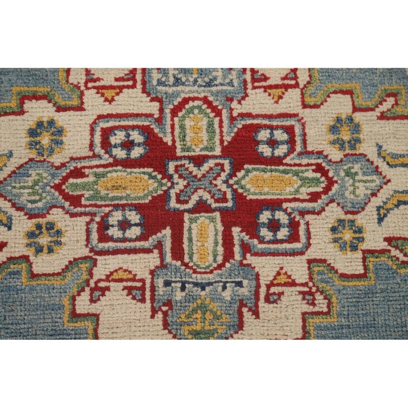 Light Blue Geometric Kazak Area Rug Hand-Knotted Wool Carpet - 4'10" x 6'7"
