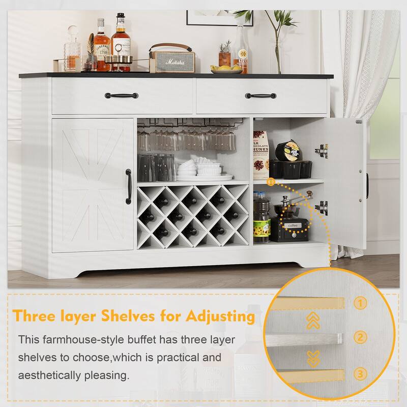 Gymojoy 55" Farmhouse Bar Cabinet with Wine Rack & Coffee Station, Rustic Storage for Dining Room, Kitchen, Living Room