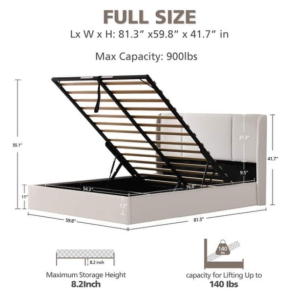 dimension image slide 10 of 17, Modern Minimalist Upholstered Storage Bed with Lift-Up Platform
