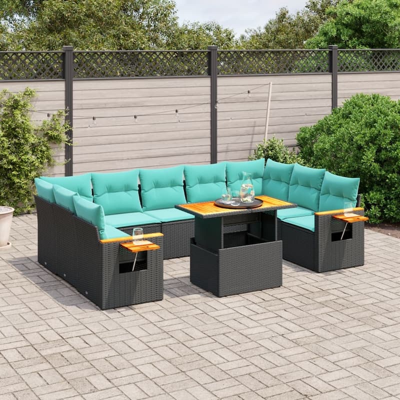 vidaXL Patio Sofa Set with Cushions Outdoor Furniture 10 Piece Poly Rattan - 21.7 x 24.4 x 27.2 - Black