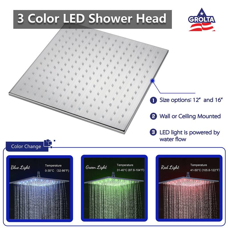 Brushed Nickel 12" LED Rainfall Shower X3 Thermostatic Faucet System w/ Slide Bar, 6 Jets - Brushed Nickel